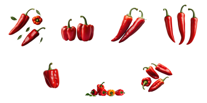 various types of red sweet peppers displayed on a transparent background including whole and halved peppers along with multiple clustered peppers in different orientations