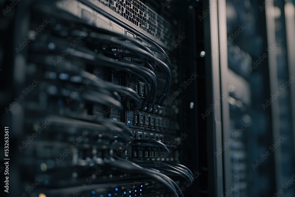 Poster server room filled with intricate wiring and technology at a data center during nighttime operations