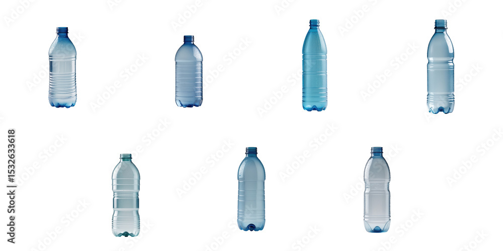 Poster collection of eight empty plastic water bottles with dew droplets isolated on a transparent backgrou