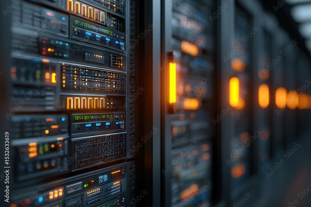 Poster data center filled with modern server racks illuminated by bright led displays in a high-tech enviro