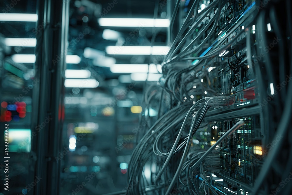 Poster data center filled with high-tech servers and tangled cables illuminated by bright overhead lights
