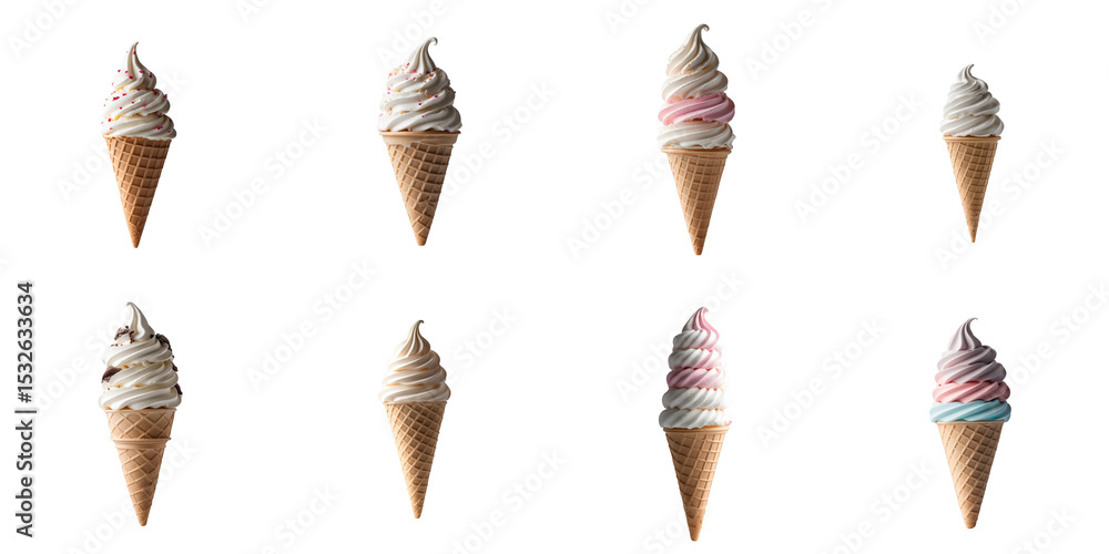 Poster assortment of eight different empty ice cream cones with various soft serve designs on a transparent