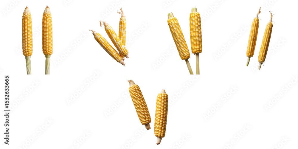 Poster assorted sweet corn cobs displayed on transparent background with varied orientations highlighting t