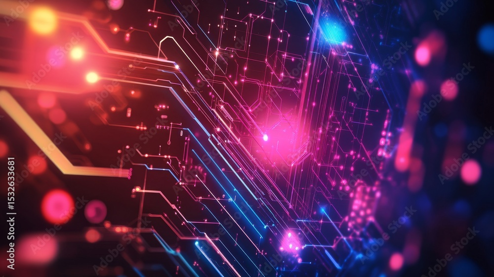 Poster futuristic digital technology background with glowing network connections, abstract data streams, an