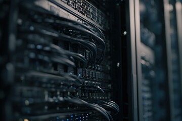 Server room filled with intricate wiring and technology at a data center during nighttime operations