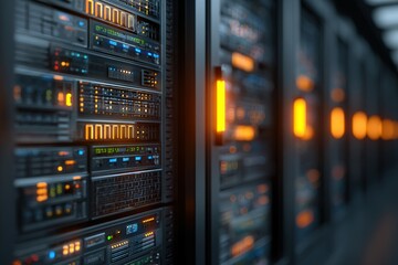 Data center filled with modern server racks illuminated by bright LED displays in a high-tech environment