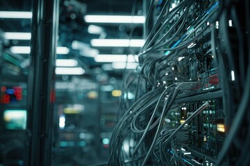 Data center filled with high-tech servers and tangled cables illuminated by bright overhead lights