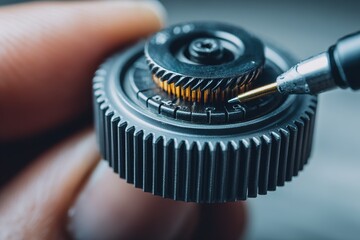 Detailing the precise mechanics of a small gear being examined closely with a pen in a workspace setting