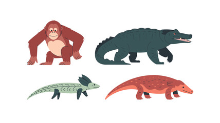 Prehistoric Animals: Orangutan, Crocodile, Ancient Lizard, and Armadillo Isolated Illustration