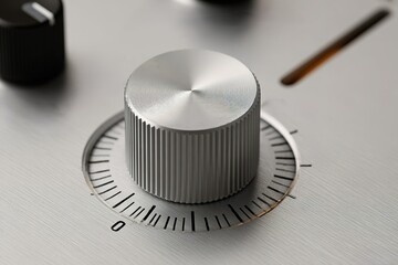 Dial adjustment on a metallic audio mixer during a music production session in a studio environment