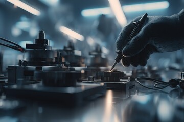 Skilled technician working on precision machinery in a modern engineering workshop during evening hours