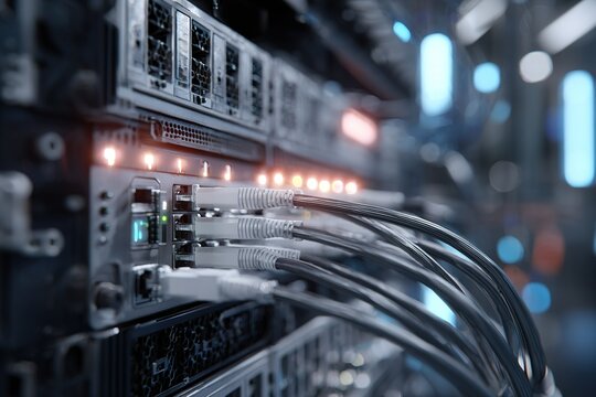 Network server with connected cables illuminated by LED lights in a modern data center