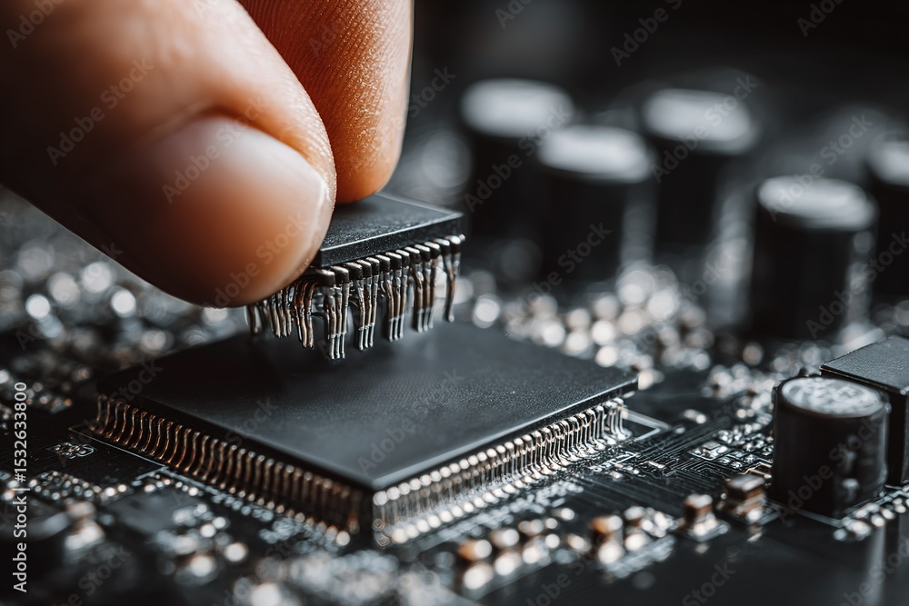 Aufkleber close interaction with a microchip during assembly on a printed circuit board in a technology worksp