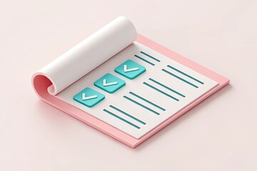 Clipboard with Teal Check Marks and Paper Lines on Pale Pink Isometric Background
