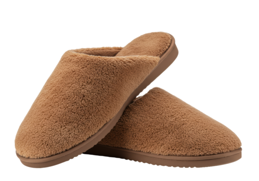 Isolated Pair of Cozy Brown Plush Slippers