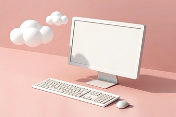 Computer setup on pink background featuring white keyboard, mouse, monitor, and clouds