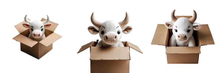 Soft toy bulls peeking out of cardboard boxes arranged in a row on a transparent background showcasing different expressions and angles of plush toys in packaging.