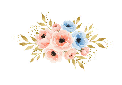Isolated Floral Watercolor Arrangement with Gold Accents