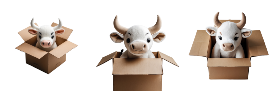 Soft toy bulls peeking out of cardboard boxes arranged in a row on a transparent background showcasing different expressions and angles of plush toys in packaging.