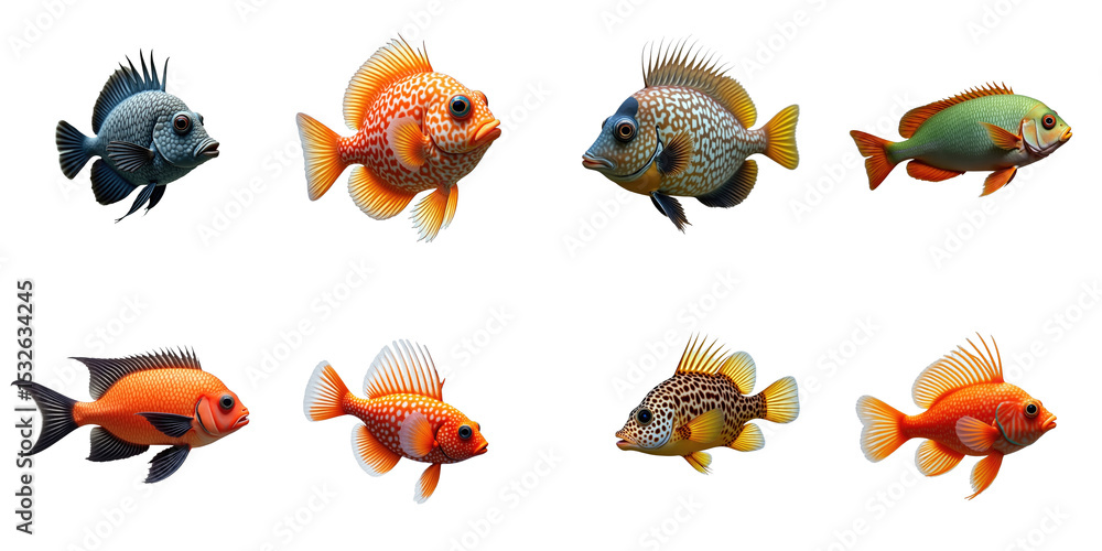Poster collection of colorful freshwater fish including various species with distinct patterns and vibrant 