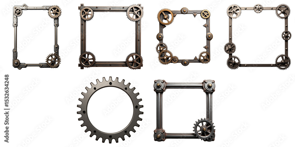 Poster vintage metal frames featuring intricate machine gears and cogwheels isolated on a transparent backg