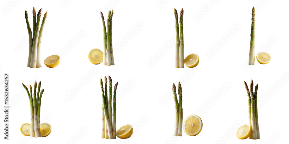 Poster isolated green and white asparagus with slices of lemon arranged in a grid pattern against a transpa