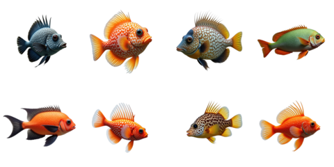 Collection of colorful freshwater fish including various species with distinct patterns and vibrant colors on a transparent background for design use