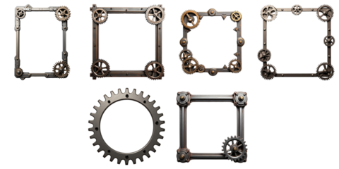 Vintage metal frames featuring intricate machine gears and cogwheels isolated on a transparent background, suitable for steampunk and mechanical design projects with ample copy space.