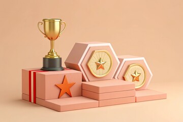 Golden Trophy atop Geometric Podium Display with Gift and Orange Star Decor