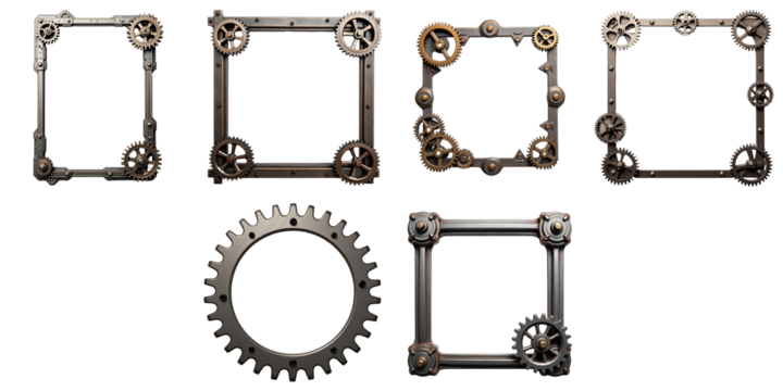 Vintage metal frames featuring intricate machine gears and cogwheels isolated on a transparent background, suitable for steampunk and mechanical design projects with ample copy space. - Powered by Adobe