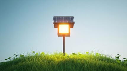 solar garden light glowing on green grass during dusk, highlighting eco-friendly technology and clean energy in outdoors