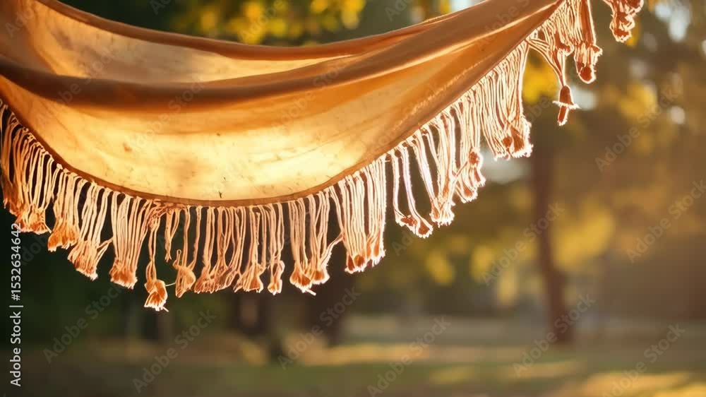 Poster close-up view of a fringed hammock strung between trees on a sunny afternoon in a quiet place.