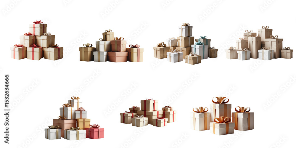 Poster assorted colorful paper gift boxes neatly stacked in various arrangements isolated on a transparent 