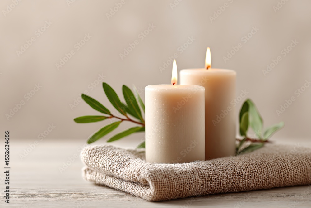 Poster elegant candles with greenery enhance a calming atmosphere in a serene setting