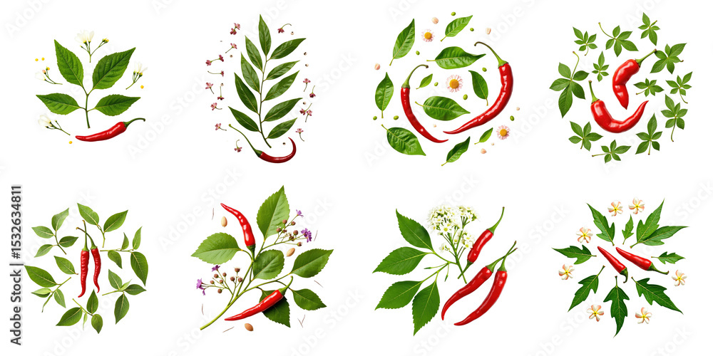 Poster herbal leaves and red chili peppers in circular patterns on a transparent background featuring a fla