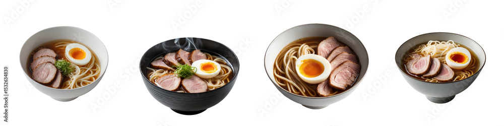 Poster four bowls of shoyu ramen featuring pork slices and soft-boiled eggs arranged on a transparent backg