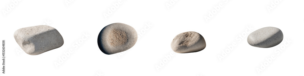 Poster natural smooth sea pebbles of various shapes and colors isolated on transparent background with dist