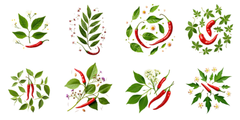 Herbal leaves and red chili peppers in circular patterns on a transparent background featuring a flat lay design with various spices and floral elements isolated for a detailed vegetable collection.