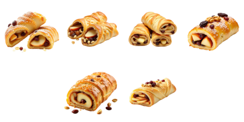 Assorted apple nut and raisin strudels sliced and displayed on a transparent background showing texture and filling details of each pastry roll