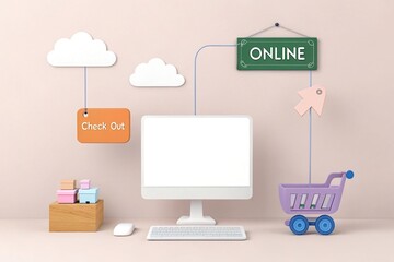 Minimalist Computer with Cart, Boxes, Signs, and Cloud for Online Shopping Concept