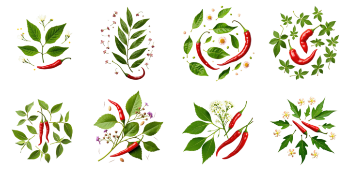 Herbal leaves and red chili peppers in circular patterns on a transparent background featuring a flat lay design with various spices and floral elements isolated for a detailed vegetable collection. - Powered by Adobe
