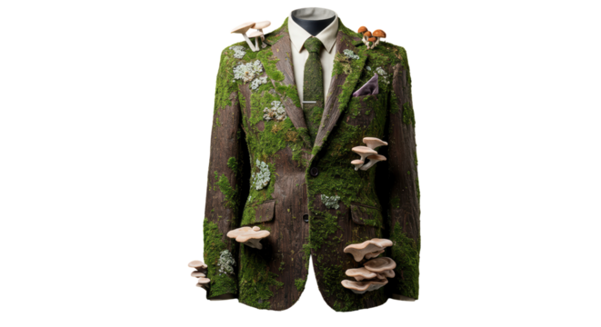 Isolated Moss Covered Suit Jacket with Mushroom Accents