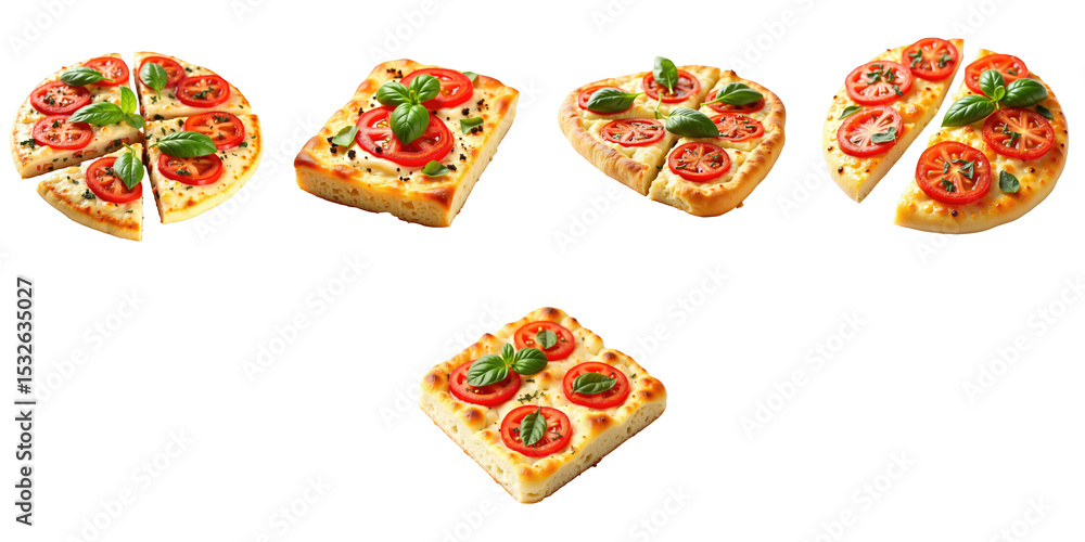 Poster slices of focaccia bread topped with fresh tomatoes and basil arranged in a pleasing layout on a tra