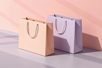 Pastel Shopping Bags Still Life Peach and Lavender Paper Bags with Shadow Play