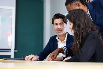 business meetting : Professional business teamwork diverse company people in meeting. Group of colleagues discussion during business meeting in conference room