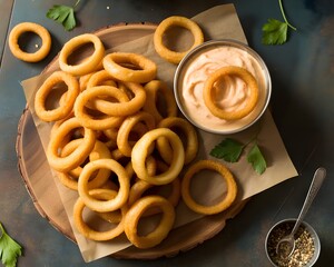 Overhead view of a wooden platter loaded with golden-brown onion rings, garnished with fresh parsley, alongside a dipping sauce and a sprinkle of seasoning. 
