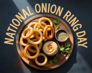 Overhead view of a wooden platter loaded with golden-brown onion rings, garnished with fresh parsley, alongside a dipping sauce and a sprinkle of seasoning. 