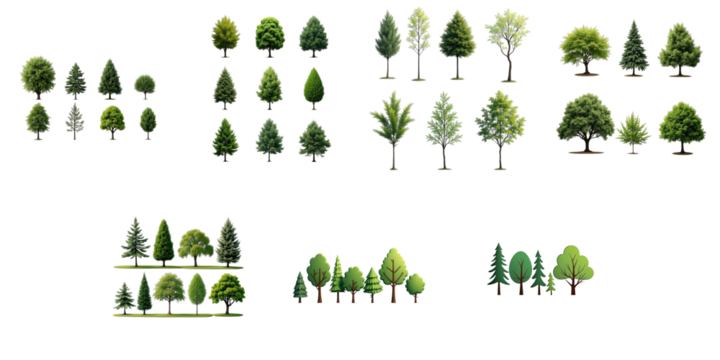 Collection of isolated trees in various shapes and sizes with transparent background featuring conifers and deciduous trees designed for digital use and graphic projects - Powered by Adobe