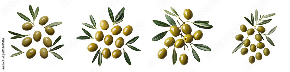 Poster green olives with leaves arranged in clusters displayed on a transparent background showcasing vario