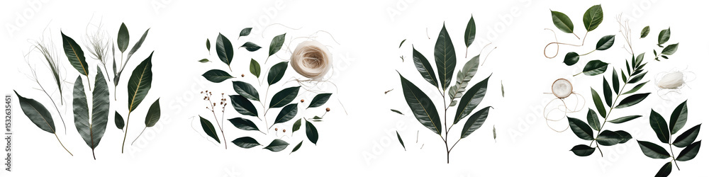 Poster assorted leaves and natural fibers arranged on a transparent background with a focus on various shad